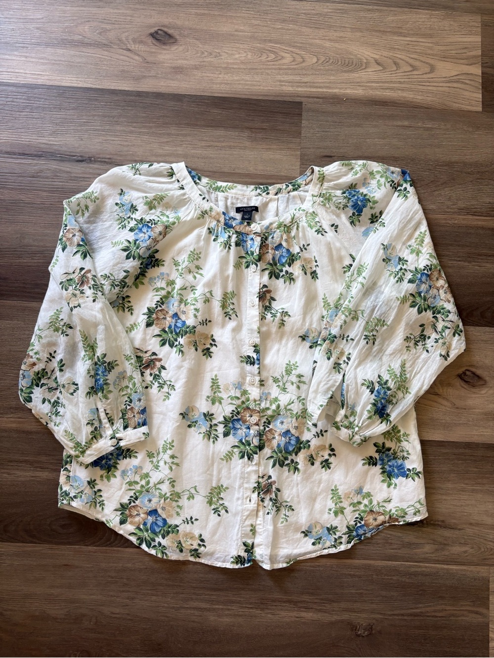 Ann Taylor White Button-Front Blouse with Blue & Green Floral Print